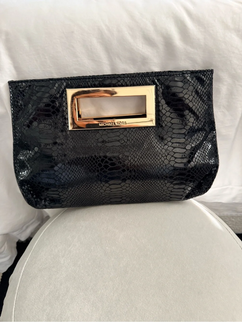 Michael Kors Black Snakeskin-Embossed Clutch with Gold-Tone Handle - Picture 1 of 9